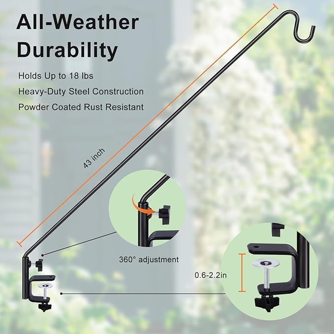MIXXIDEA Deck Hook Outdoor Hanging Brackets:43 Inches Wall Mounted Hook Plants & Wind Chimes Risk-Free Lanterns Large Wind Chimes Lanterns