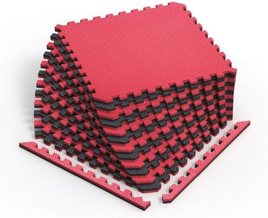 Norsk Reversible Gym Exercise Mats 3/4" Thick EVA Interlocking Foam Tiles, Perfect Home Gym Flooring, 16 24"x24" Tiles & 32 Trim Pieces, 64 Sq. Ft. Reversible, Red/Black
