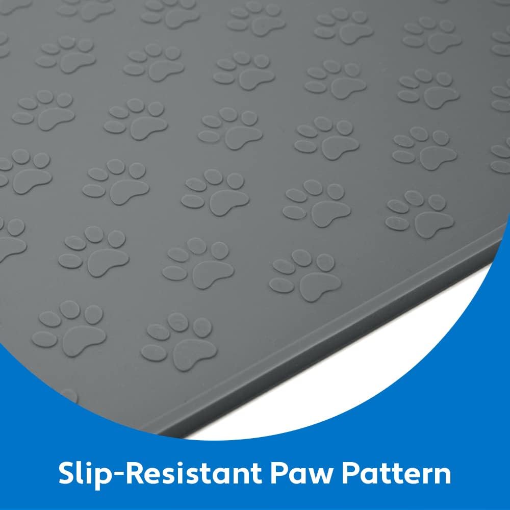 MIGHTY MONKEY 100% Waterproof Dog Food Mat, Raised Edges Silicone Pet Feeding Placemat for Cat, Dogs, Pet Bowls, High Lipped Tray Prevents Water Spills, Food on Floor, Dishwasher Safe, 22x14, Gray