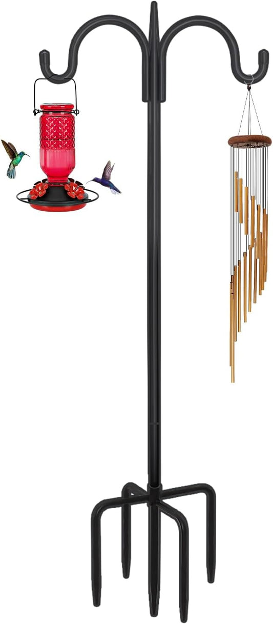 FEED GARDEN Adjustable Double Shepherds Hook for Outdoor with 5 Prong Base 76 Inch Heavy Duty Two Sided Bird Feeder Pole for Hanging Plant Baskets, Solar Light Lanterns, Wind Chimes