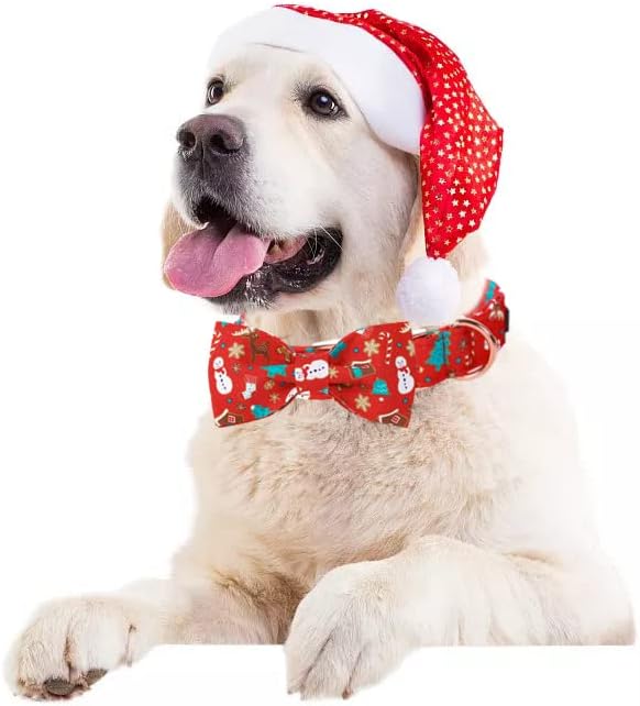 Lionet Paws Christmas Dog Collar with Bowtie, Dog Bowtie Collar with Metal Buckle for Dogs, Adjustable Comfortable Dog Collar Girl Boy Gift, XL, Neck 16-26 in