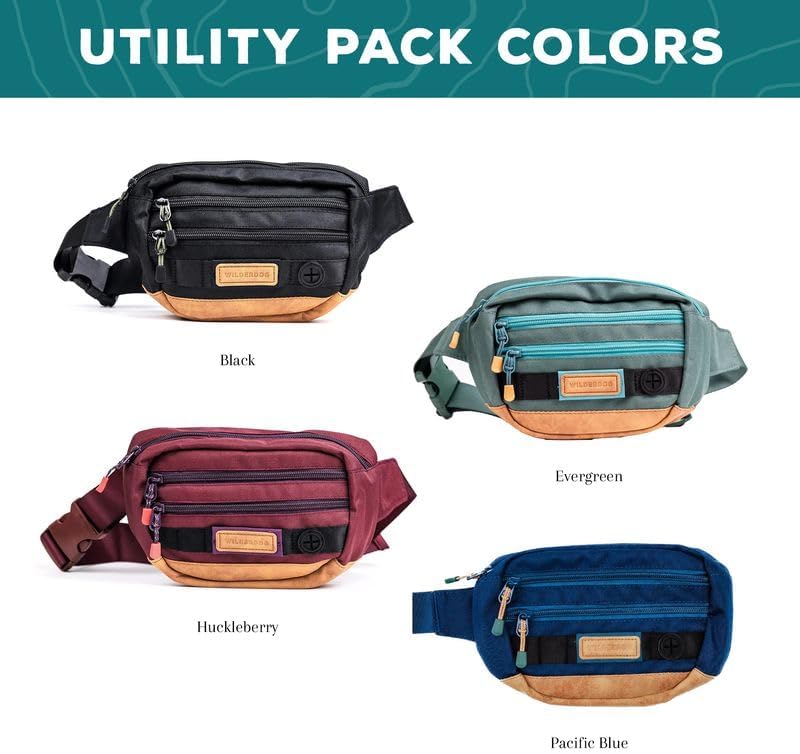 Wilderdog Utility Fanny Pack stores Treats, Balls, Keys in 3 Pockets with adjustable strap and Poop Bag dispenser (Huckleberry)