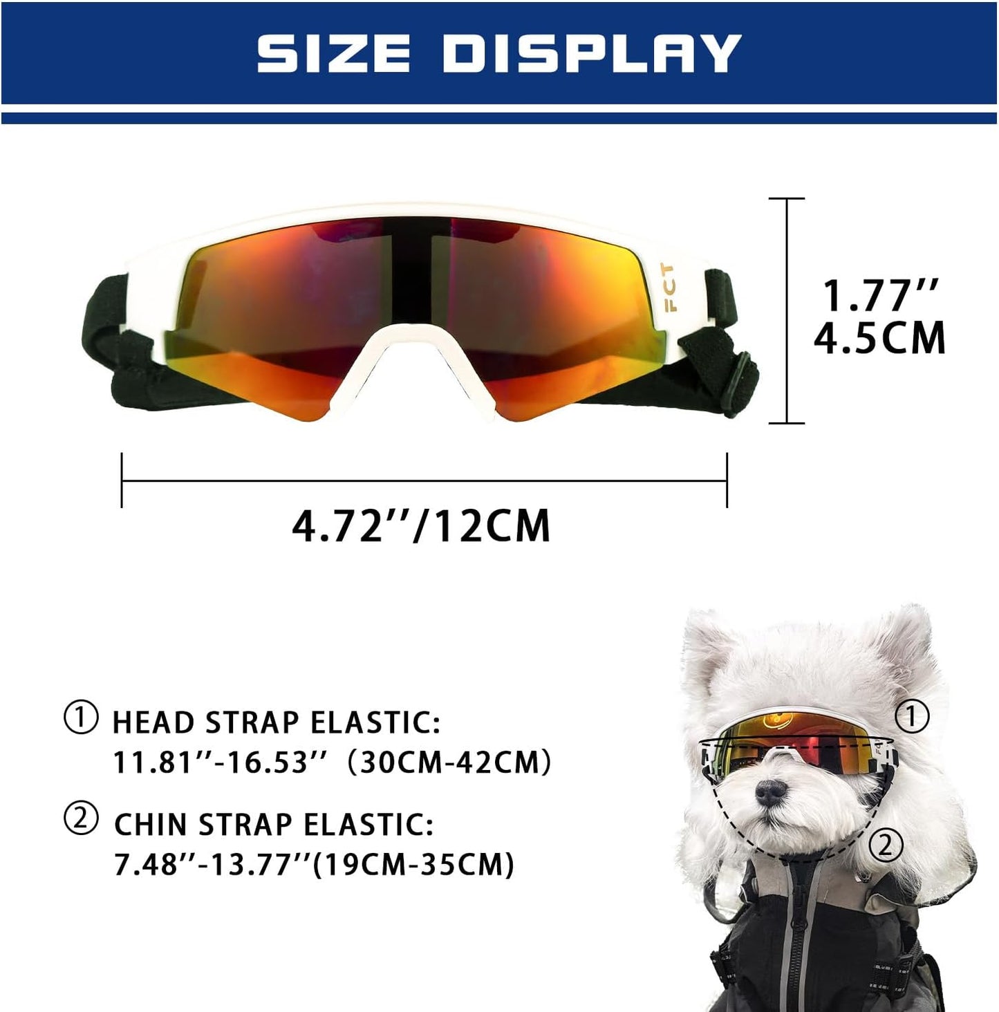Dog Goggles for Small to Medium Breed, Dog Sunglasses UV Protection, Windproof & Anti-Fog, Puppy Sunglasses with Padded Frame and Adjustable Straps for Outdoor Riding, Driving(White)