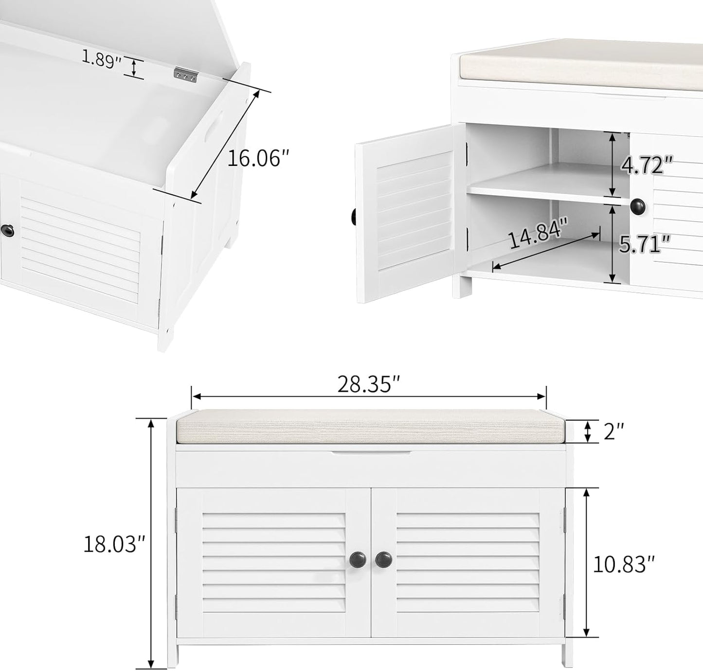 Shoe Storage Bench with Lift Top Storage, Entryway Bench with Cushioned Seat, Adjustable Shelf, 2 Tier Shoe Rack with Doors for Entryway, Bedroom, Hallway, Mudroom, White
