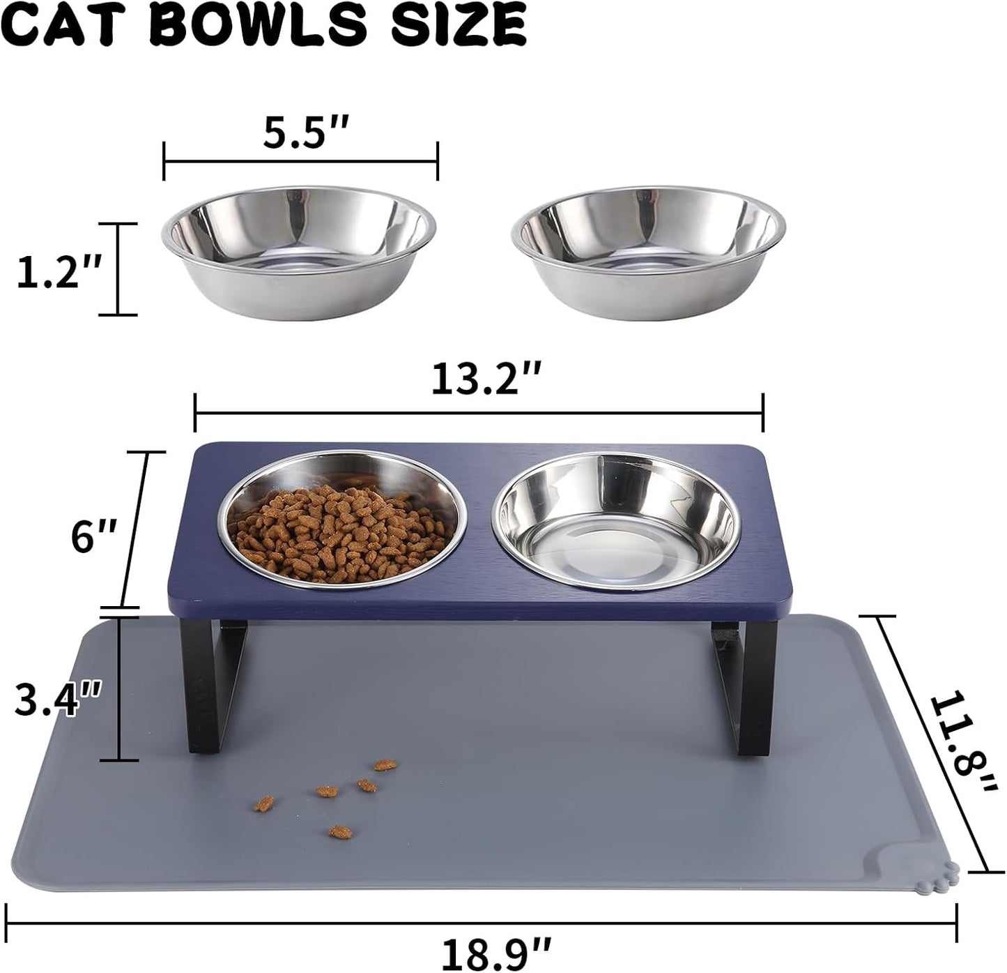 Upgraded Elevated Cat Bowls with Food Mat,15°Tilted Stand Anti Vomiting Raised Cat Dishes for Food and Water,2 Stainless Steel Bowls for Cats and Puppies(Navy Blue)