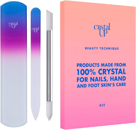 Starter Crystal Care Set - 3PC Includes Glass Foot Scraper, Medium Crystal File, and Cuticle Stick for Natural Nails, Glass File Kit