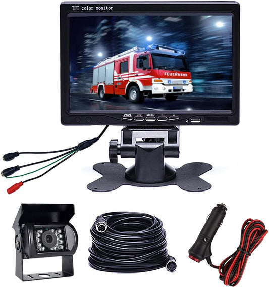 Hikity Backup Camera with Monitor Kit, Waterproof 18 IR LED Night Vision Reverse Camera + 7" Rear View Monitor Vehicle Parking System for RV Bus Trailer Truck (65ft Video Cable+ Cigarette Lighter)