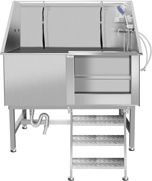 50" Pet Dog Bathing Station W/Ramp, Professional Stainless Steel Dog Grooming Tub W/Soap Box, Faucet,Rich Accessory, Dog Bathtub for Large,Medium,Small Pets, Washing Sink for Home (50" Right ramp)
