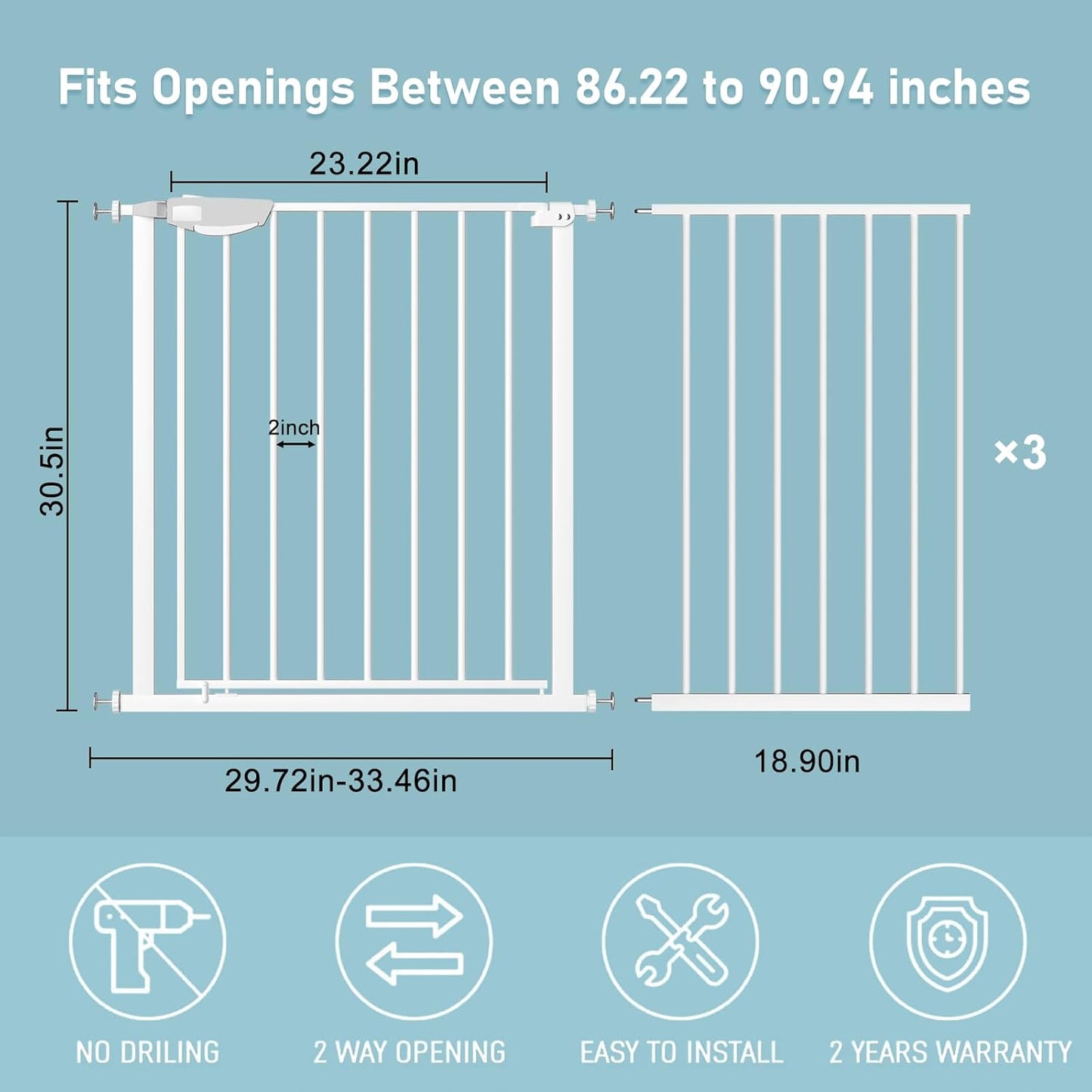 WAOWAO Triple Lock Baby Gate Extra Wide 86.22-90.55" Pressure Mounted Walk Through Swing Auto Close Safety White Metal Dog Pet Puppy Cat for Stairs,Doorways,Kitchen 86.22-90.94"/219-231cm