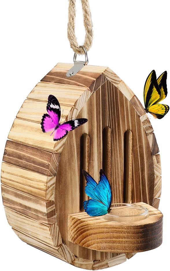 Picowe Wooden Butterfly House - Natural Habitat Nesting Box With Feeder for Butterflies, Bees, Ladybirds - Hanging Garden House for Outside, Open Door