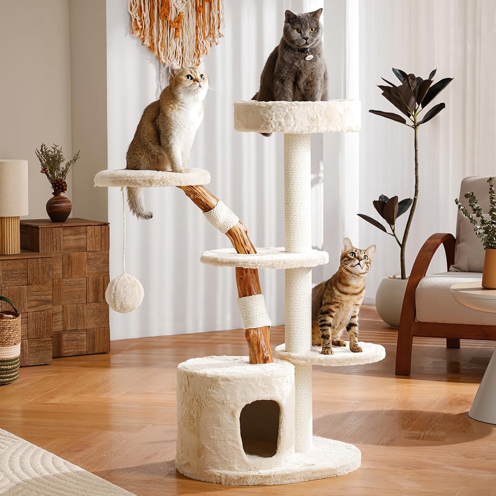 Unique Cat Tree for Indoor Cats,46‘’ Luxury Multifunctional Cat Tower with Natural Wood Scratching Post,Fur Cat Hammock and Viewing Platform,Funny Toy,Comfortable Cat Condo with Stable Cat Base