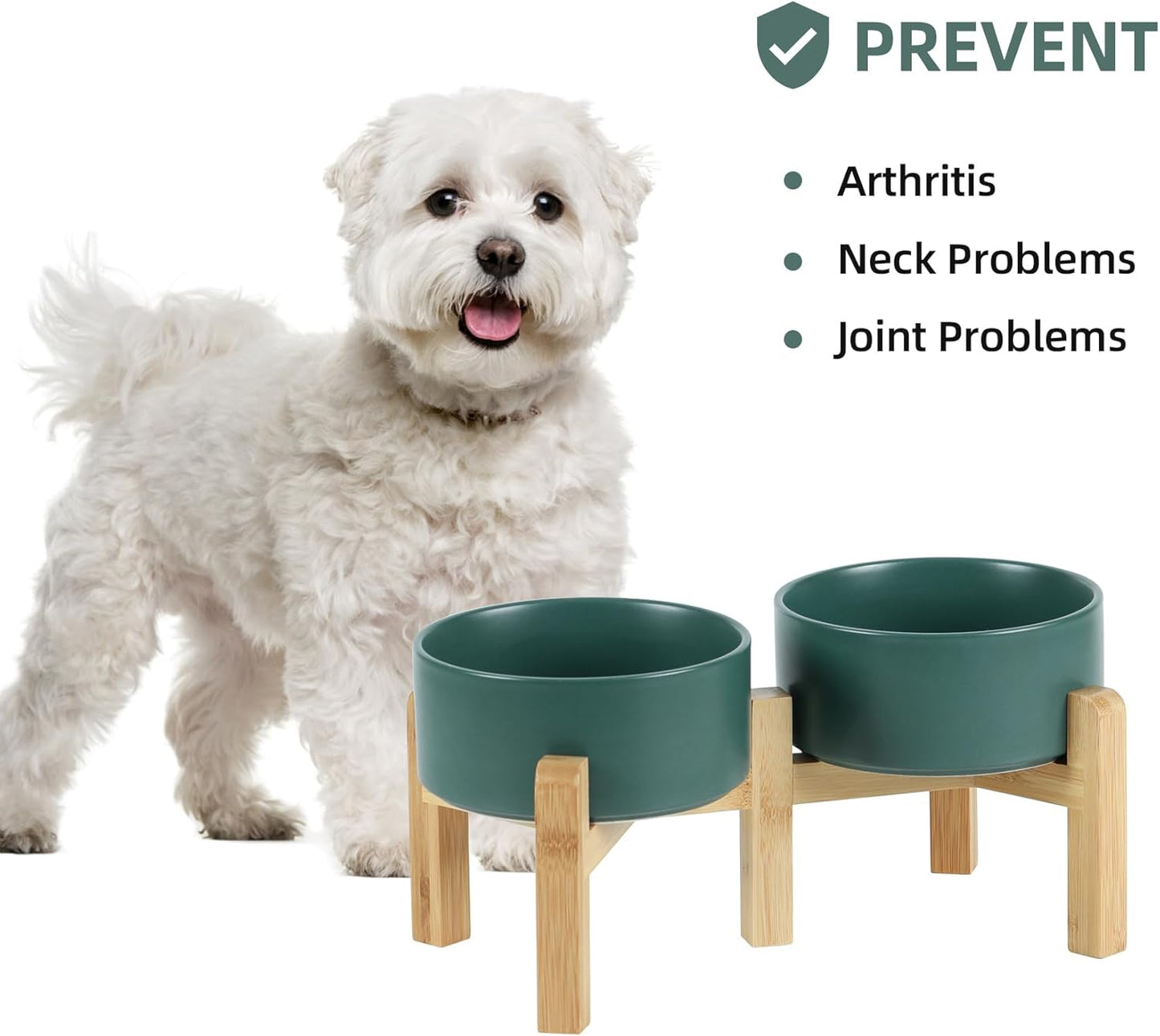 Ceramic Raised Double Bowls Set with Stand, 2 Heights Elevated, Food & Water Bowls for Small Breed Dogs, Weighted Dog Dishes, Pet Bowl(6.1'',28.7oz, Green)