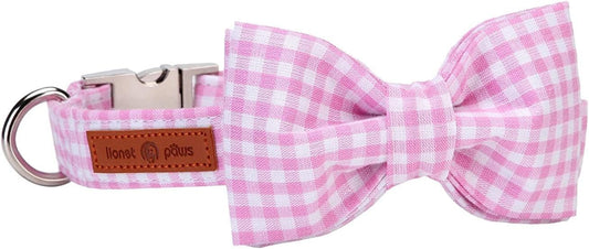 Lionet Paws Dog Collar with Bowtie, Comfortable Adjustable Cute Pink Gingham Bow Tie Collar for Female Puppies and Cats Gift, XXS, Neck 7-11 inches