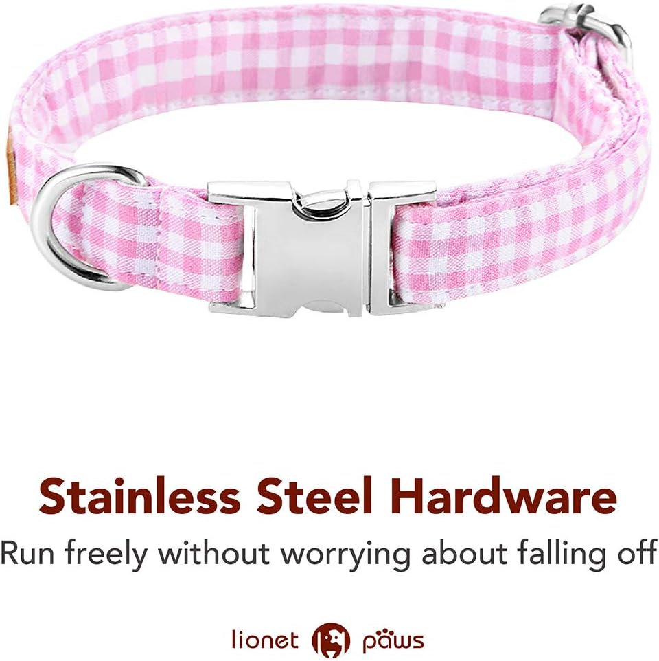 Lionet Paws Dog Collar with Bowtie, Comfortable Adjustable Cute Pink Gingham Bow Tie Collar for Female Puppies and Cats Gift, XXS, Neck 7-11 inches