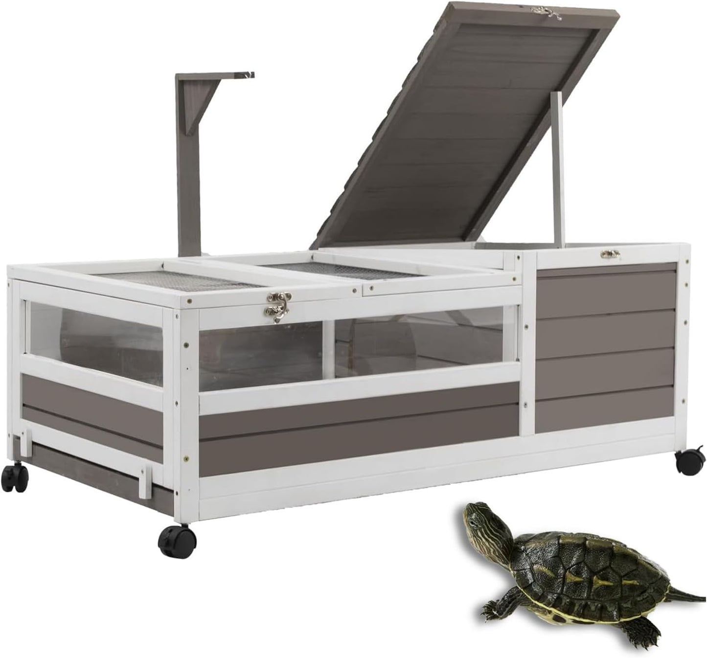Tortoise Habitat Cage on Wheels with Lamp Stand & Pull-Out Waterproof Tray – Large Wooden Tortoise House, Indoor Outdoor Reptile Enclosure 39''L*23''W*14''H