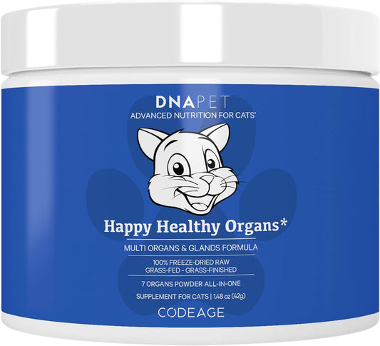 Happy Healthy Organs & Glands Supplement For Cats, Freeze-Dried Raw Bovine Liver Grass-Fed Bone Marrow Heart Kidney Pancreas, Bovine Thymus Iron Multi Organ Powder, Joints Cat Vitamins 1.48 oz