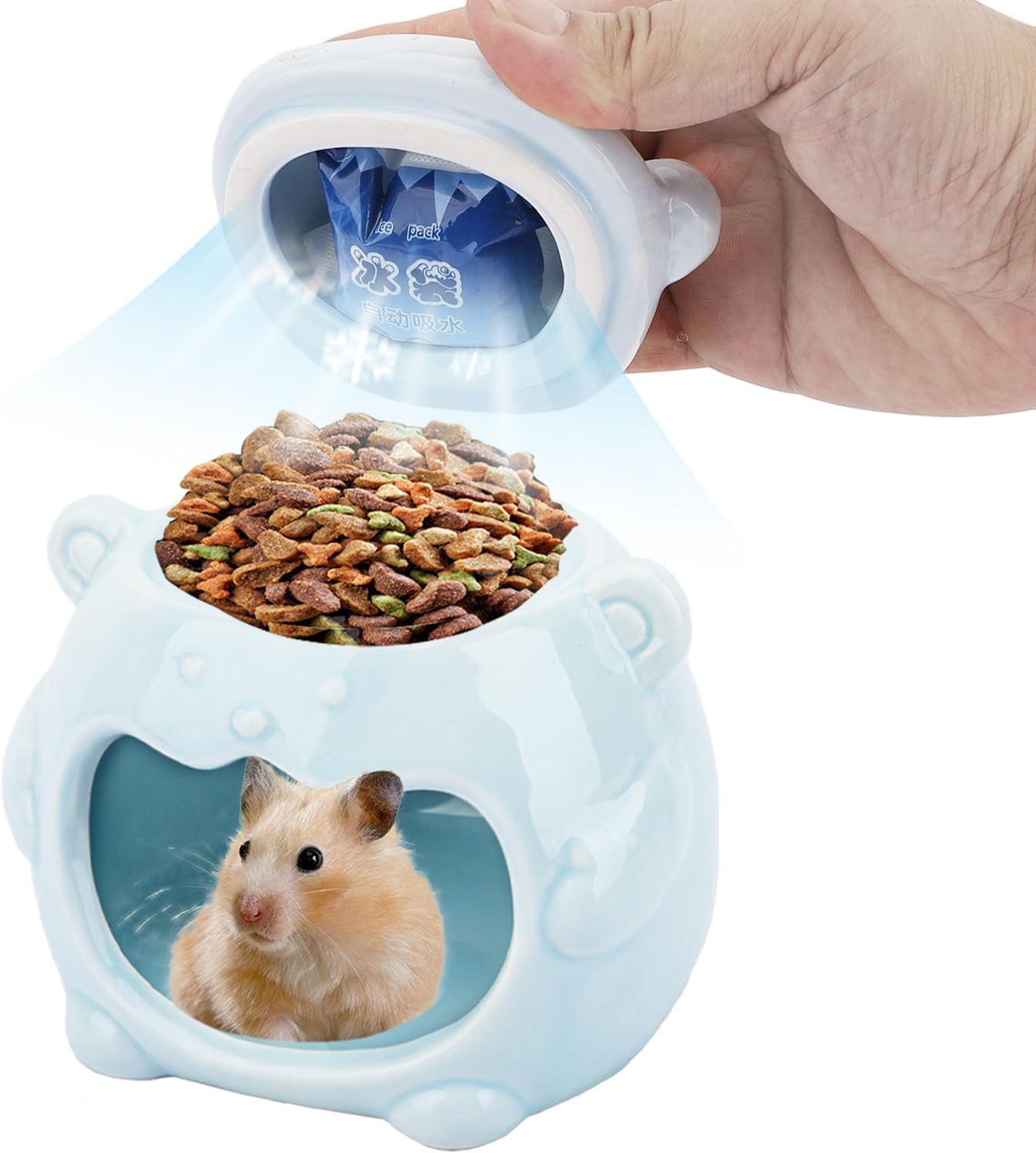 3-in-1 Bear Shaped Ceramic Hamster House - Cool House for Syrian Dwarf Hamsters, Mice, Gerbils, Small Pets, Top for Hamster Food, Removable Lid for Ice Packs, Cute Cool Hideout for Summer(Blue)