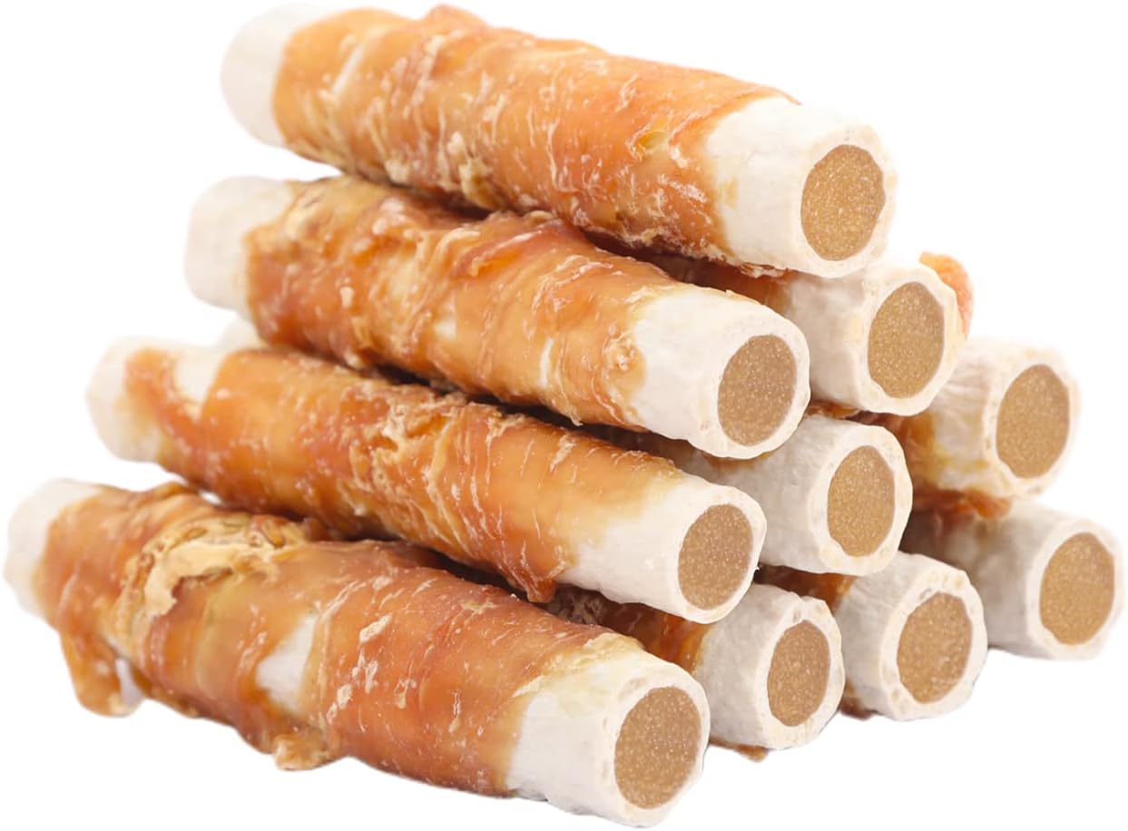ASMPET Dog Treats, Chicken Wrapped Rawhide Sticks Filled with Sweet Potato for Small Medium Large Dogs(6pcs)