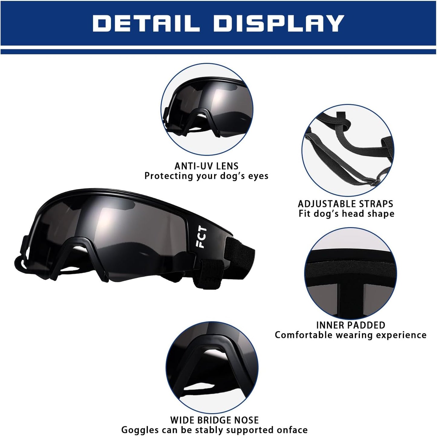 Dog Goggles for Small to Medium Breed, Dog Sunglasses UV Protection, Windproof & Anti-Fog, Puppy Sunglasses with Padded Frame and Adjustable Straps for Outdoor Riding, Driving(Black)