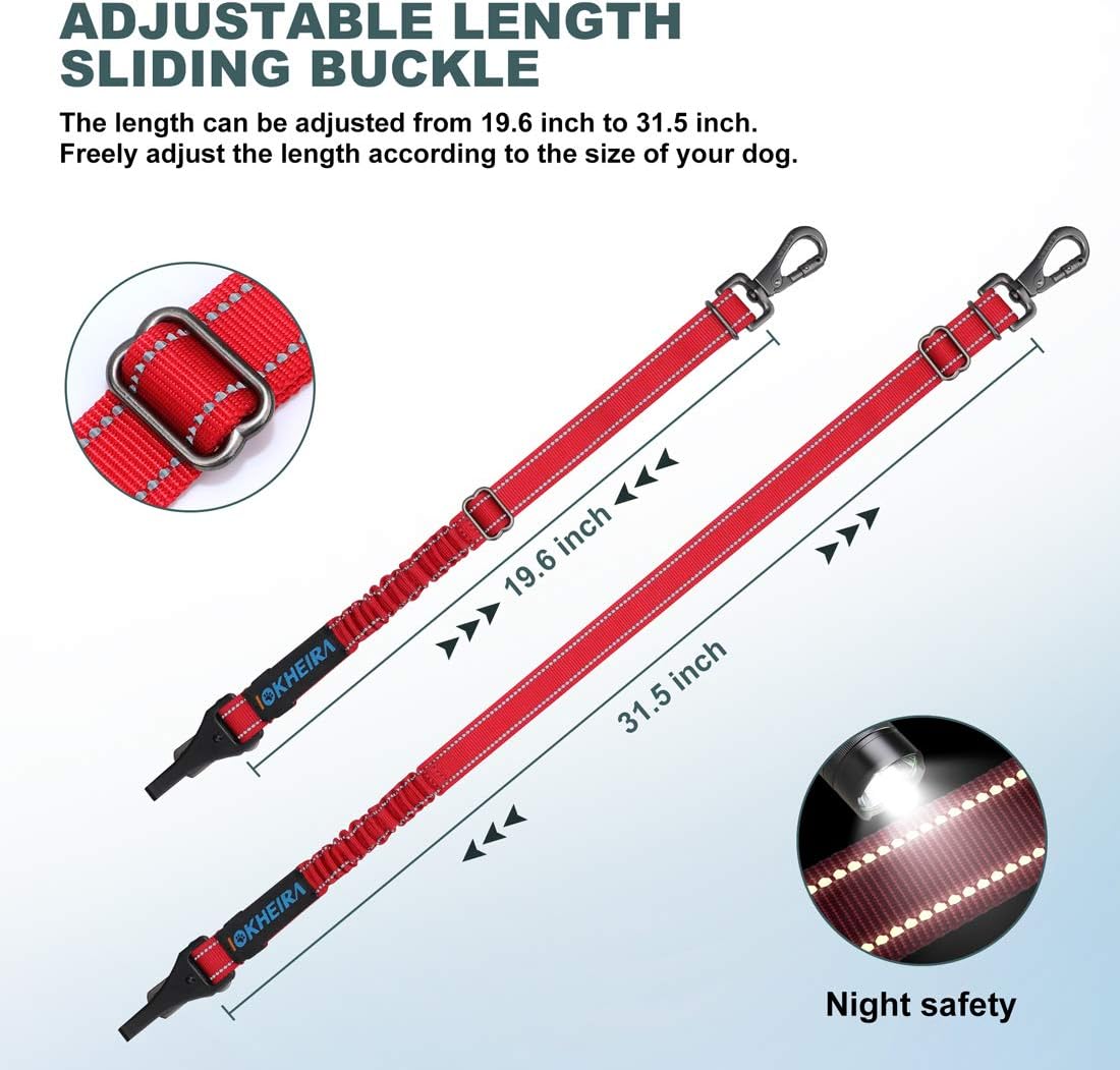 IOKHEIRA Dog Seat Belt 3-in-1 Car Harness for Dogs Adjustable Safety Seatbelt for Car Durable Nylon Reflective Bungee Fabric Tether with Clip Hook Latch & Buckle, Swivel Zinc Alloy Carabiner Red