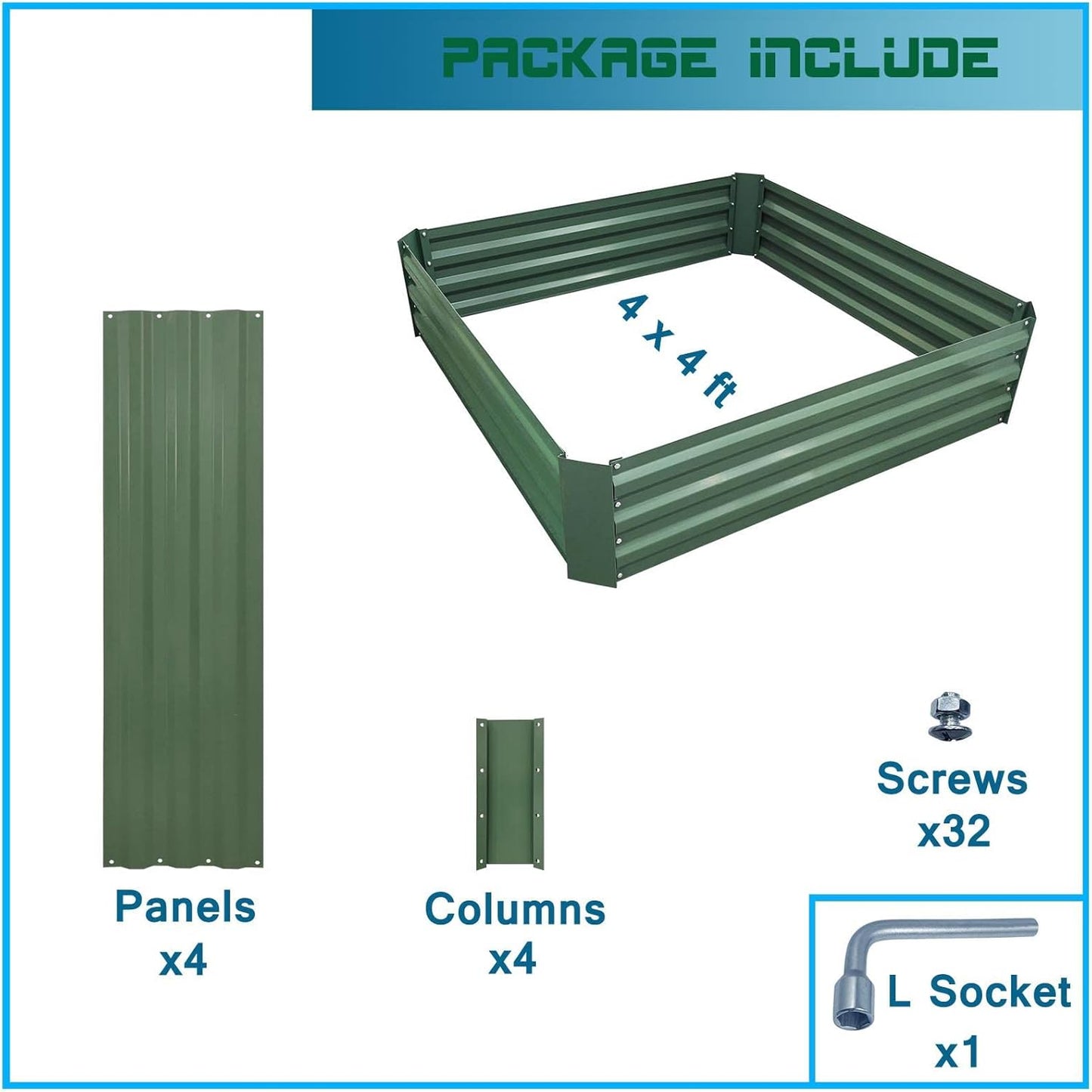 4x4x1ft Metal Raised Garden Bed Kit,Galvanized Garden Bed Box for Vegetables, Flowers, Herbs, and Succulents,120 Gallon Capacity - Green