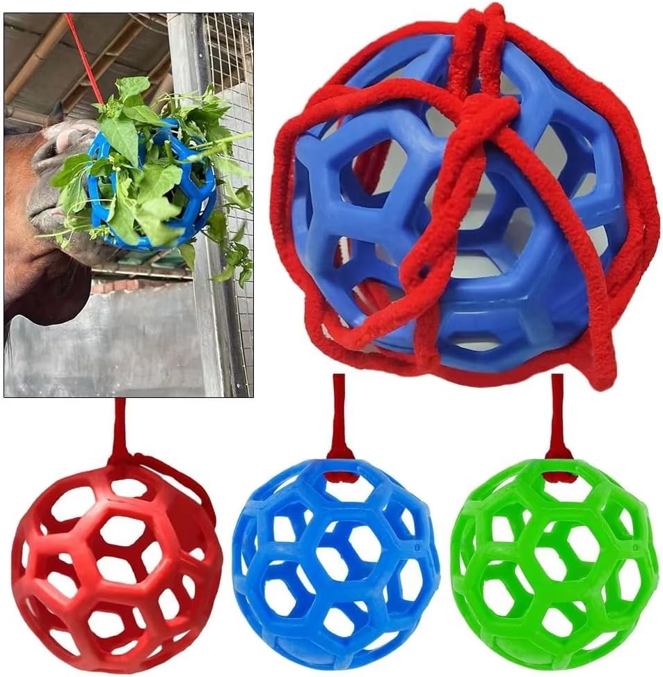 3PCS Hay Feeder Ball Toy for Horses, Goats & Livestock – Rainbow Colors with Hanging Red Cord, Stress Relief & Boredom Prevention (Green, Blue, Red)
