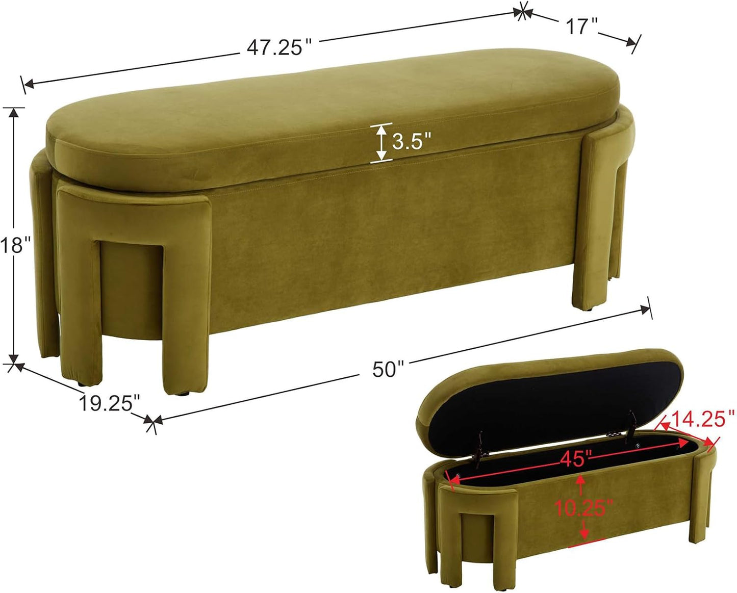 Modern Upholstered Storage Bench, Velvet Fabric 50" Long Entryway Bench with Storage and Seating, Comfy Cute Ottoman Bench for Living Room/End of Bed/Hallway, Olive Green