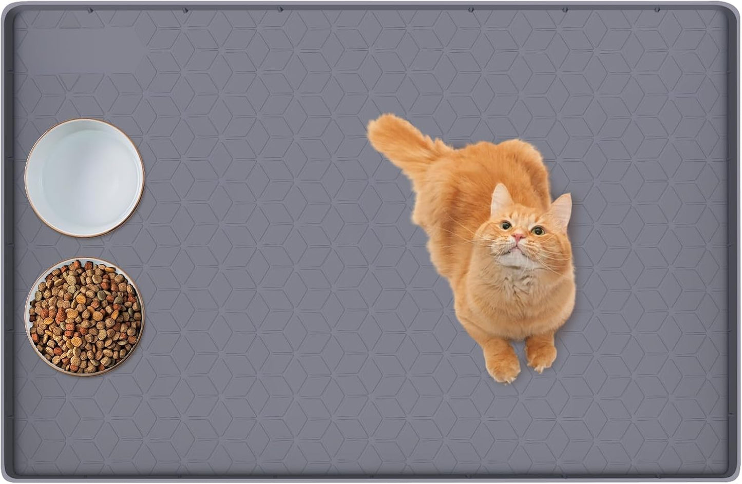 Cat Food Mat, 34" x 22" Large Silicone Pet Feeding Mat with Raised Edge Pet Placemat for Food and Water Bowl Non-Slip, Easy to Clean, Floor Protection (Dark Grey)