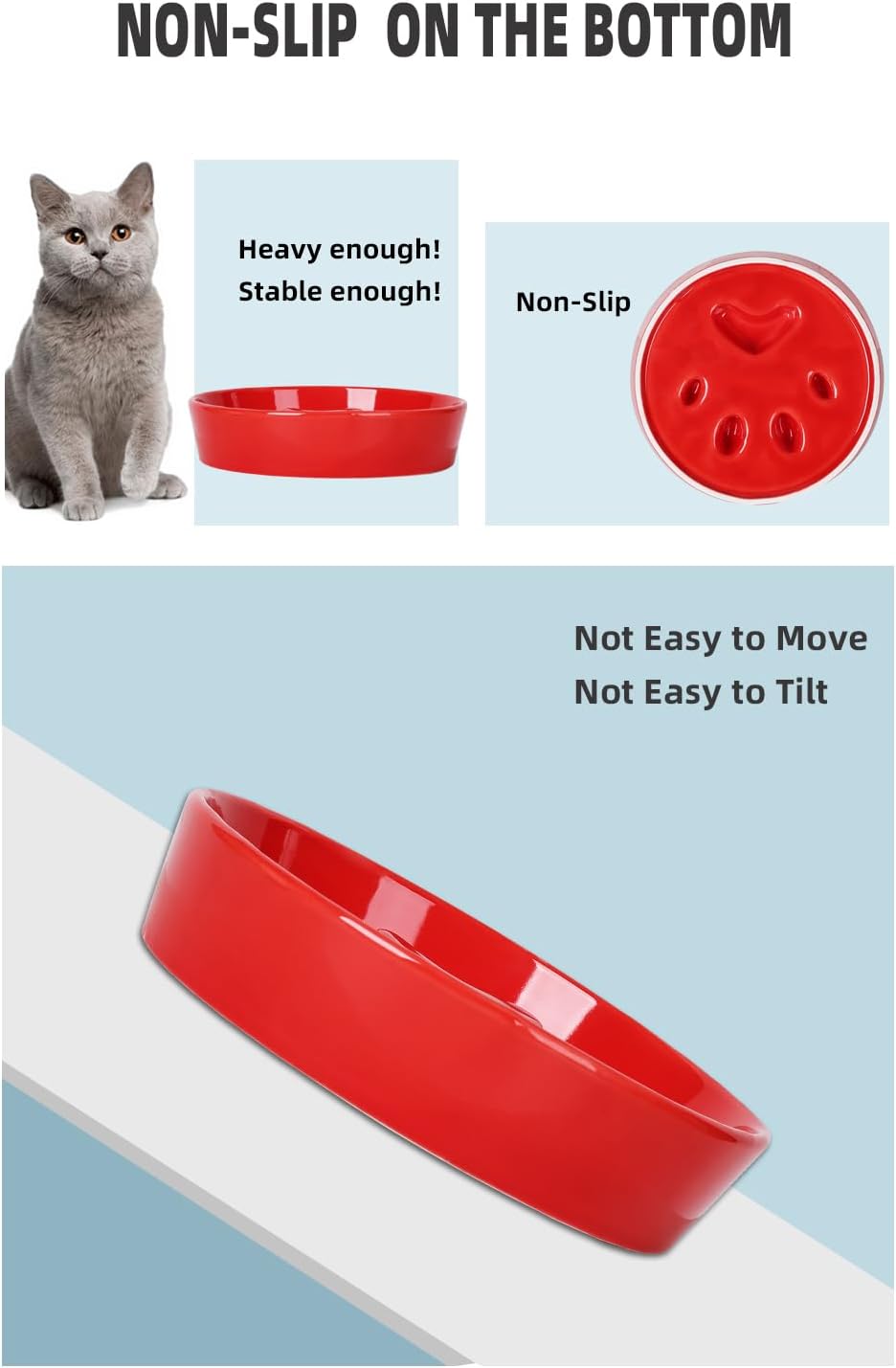 Slow Feeder Cat Bowls, Ceramic Fun Slow Eater Bowl for Cats (Red)
