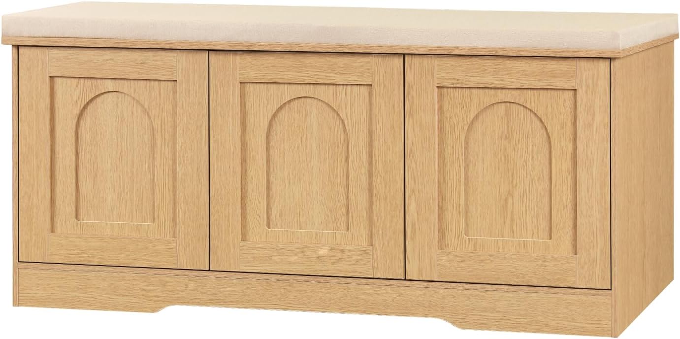 DINZI LVJ Shoe Bench, Entryway Storage Bench with Doors, Cushion, 2-Tier Shoe Rack with 6-Cubby, 39.4”L x 13.8”W Shoe Organizer Cabinet, Adjustable Shelf, Living Room, Bedroom, Natural