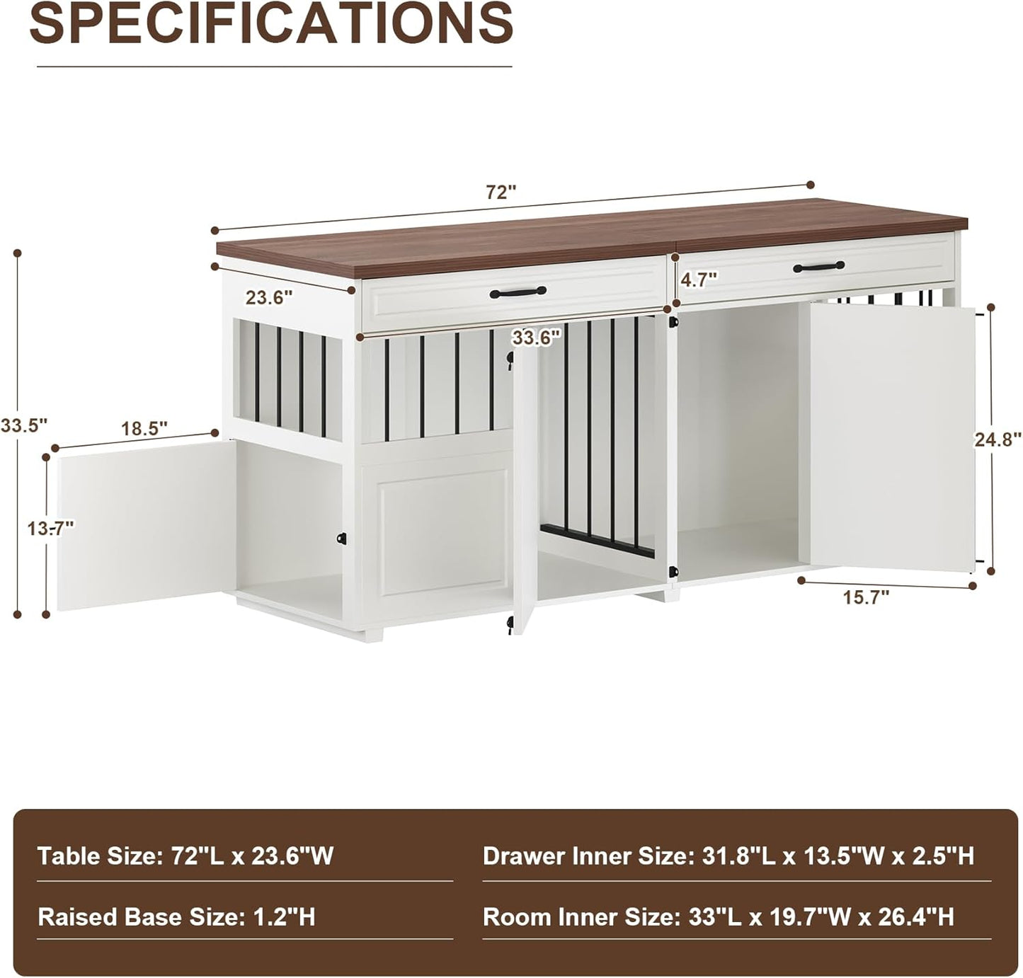 Dog Crate Furniture - Indoor Wood Dog Kennel Furniture 4 Doors with Divider and 2 Drawers - 72" L x 23.6" W x 33.5" H, White