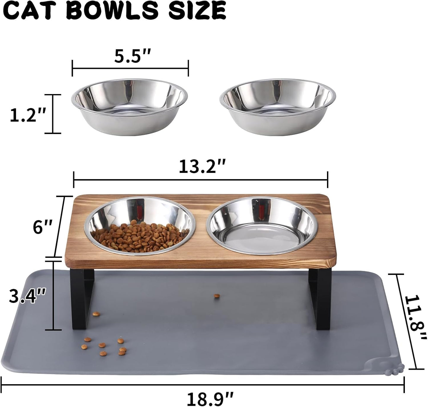 Upgraded Elevated Cat Bowls with Food Mat,15°Tilted Stand Anti Vomiting Raised Cat Dishes for Food and Water,2 Stainless Steel Bowls for Cats and Puppy(Rustic Brown)