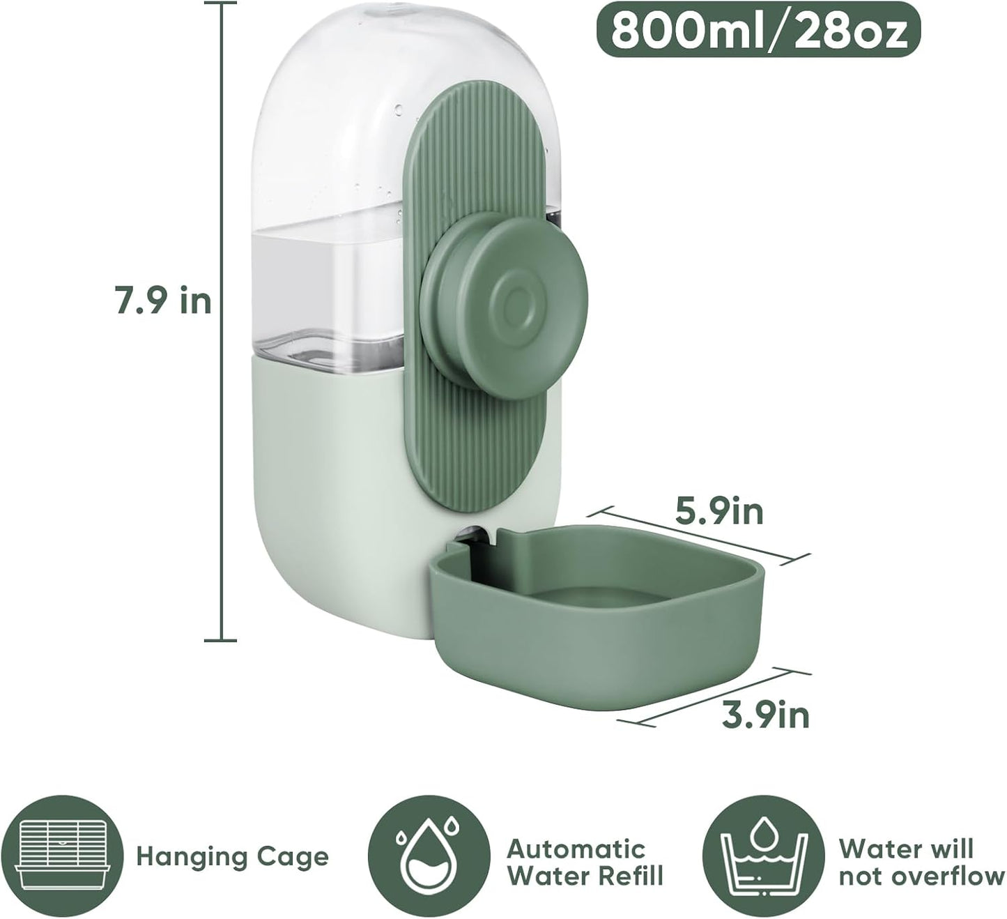 28oz Hanging Automatic Water Dispenser,Rabbit Water Bottle,Bunny Guinea Pig Ferret Water Bowl for Cage,Suitable for Small Animal Puppies(Cage Grid Spacing Over 1.2'') (Green)