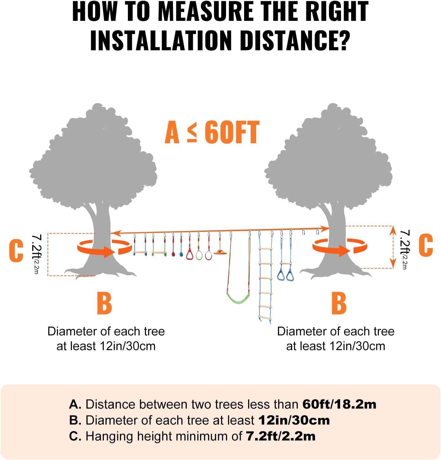 VEVOR Ninja Warrior Obstacle Course for Kids, 2 x 60 ft Weatherproof Slacklines, 500lbs Weight Capacity Monkey Line, Outdoor Playset Equipment, Backyard Toys Training Equipment Set with 14 Obstacles