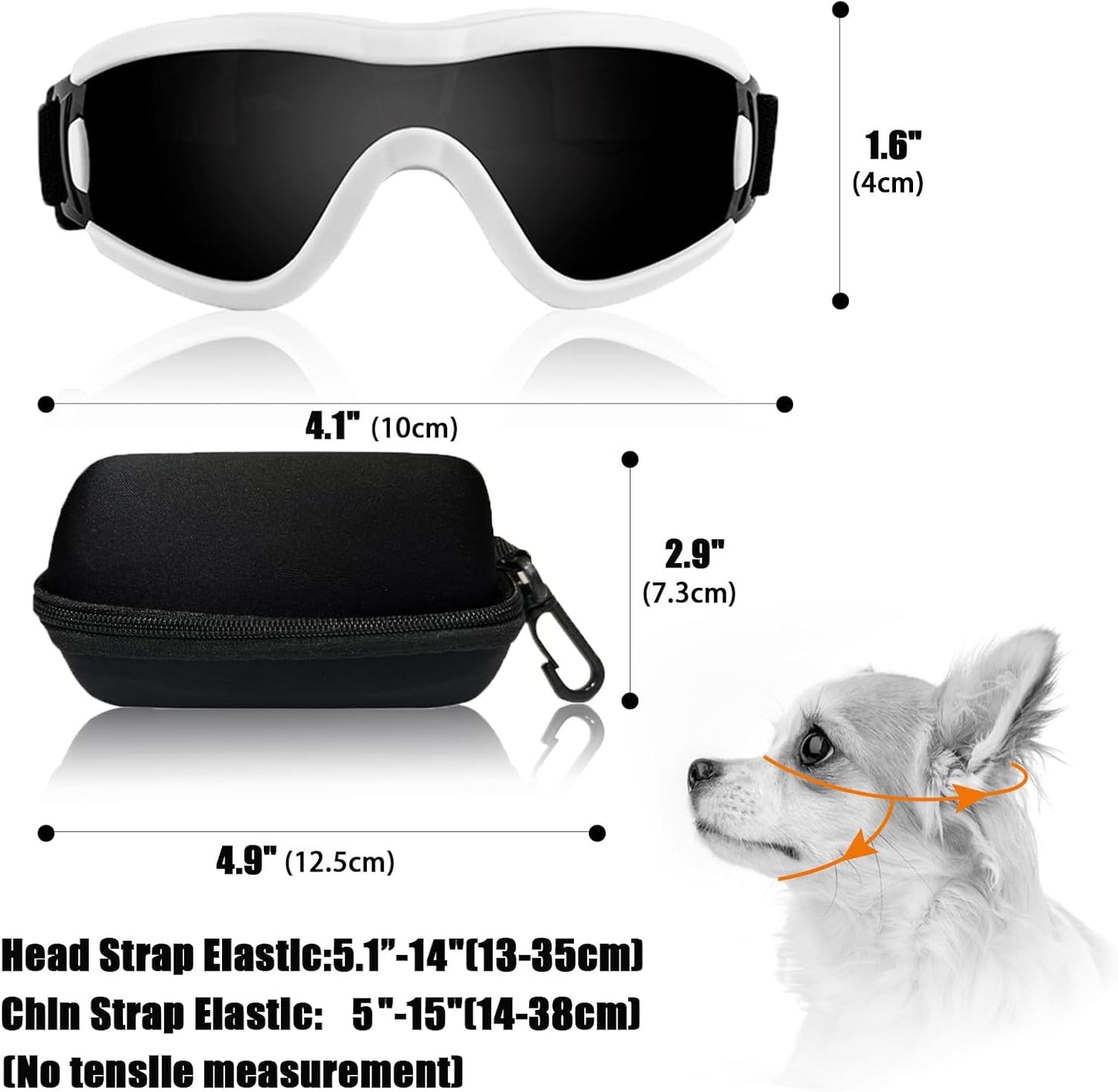 Dog Goggles Small Breed Dog Sunglasses with Adjustable for UV Protection Eyewear Doggy Doggie Puppy Glasses Anti-Fog Wind Dust Snowproof (White Frame Black Lens)