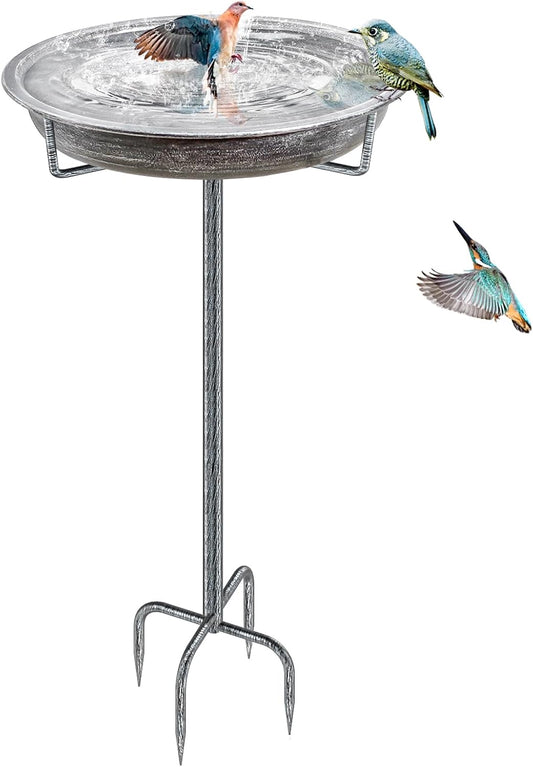 Metal Bird Bath for Outdoors Garden Birdbath Bowl, 36.2" Height Freestanding Bird Feeders for Outside with 4 Prongs Base Stake, Standing Birdfeeders for Yard Lawn Decor (Retro Silver)