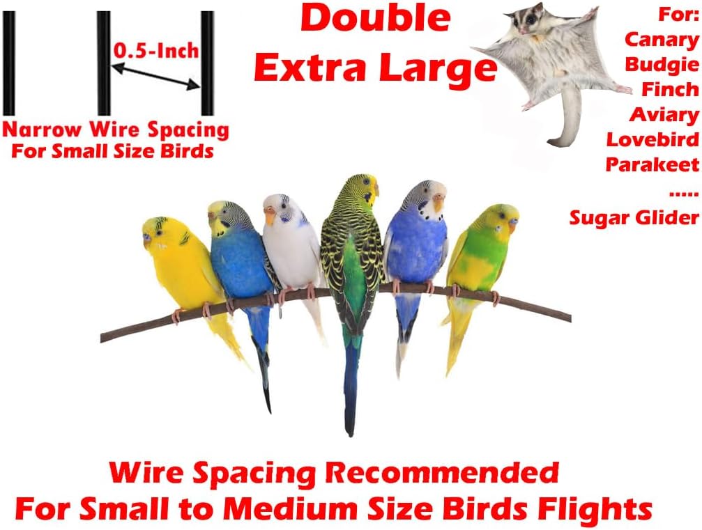 64" Extra Large Double Flight Bird Wrought Iron Double Breeding Cage Slide Out Divider 3-Levels Bird Parrot Cage Cockatiel Conure Bird Cage with Removable Stand on Wheels