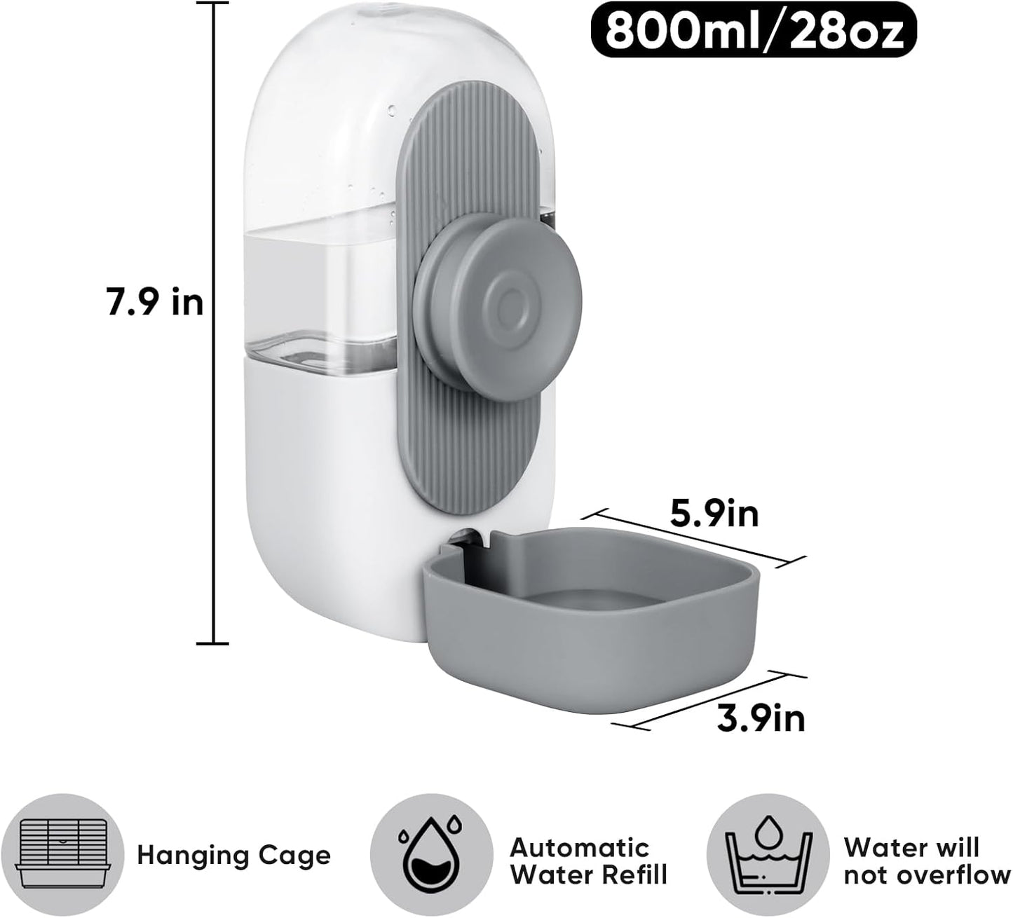 28oz Hanging Automatic Water Dispenser,Rabbit Water Bottle,Bunny Guinea Pig Ferret Water Bowl for Cage,Suitable for Small Animal Puppies(Cage Grid Spacing Over 1.2'') (Gray)