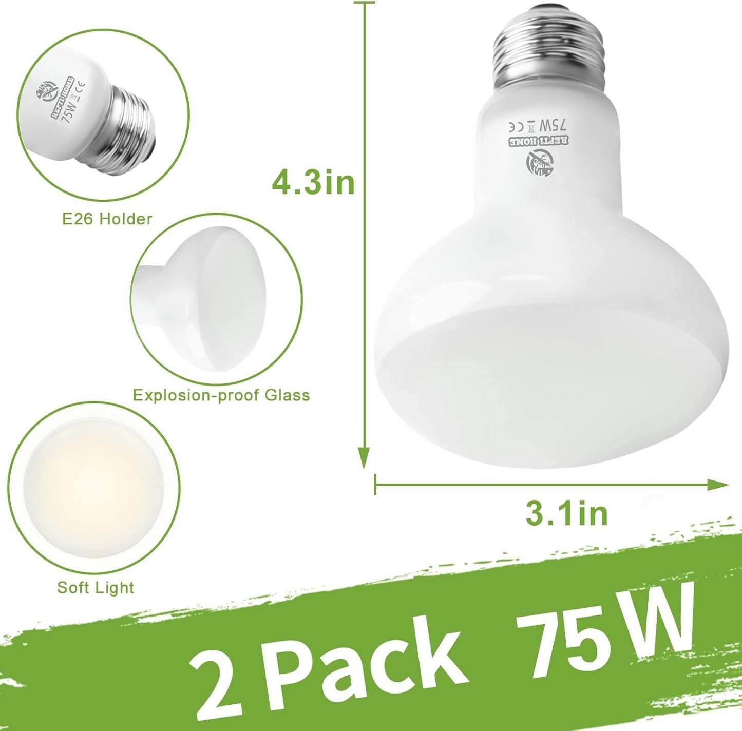 Reptile Heat Lamp Bulbs, Simulate Natural Sunlight Heat Light Bulb, 2 Pack 75W Amphibian Terrarium Basking Spot Lamp for Reptile, Bearded Dragon, Lizard, Turtle, Snake