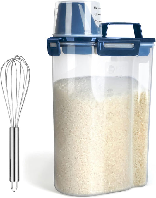 Rice Airtight Dry Food Storage Containers, BPA Free Plastic Storage Bin Dispenser with Pourable Spout, Measuring cup for Cereal, Flour and Baking Supplies Blue