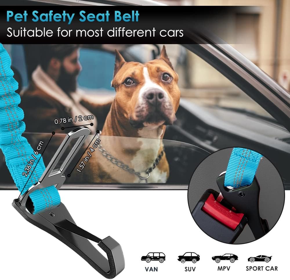 SlowTon Dog Seat Belt, Adjustable Dog Safety Belt Leash, 2 in 1 Latch Bar Attachment Dogs Car Seatbelt with Elastic Nylon Bungee Buffer, Reflective Nylon Belt Tether Connect to Dog Harness (Blue)
