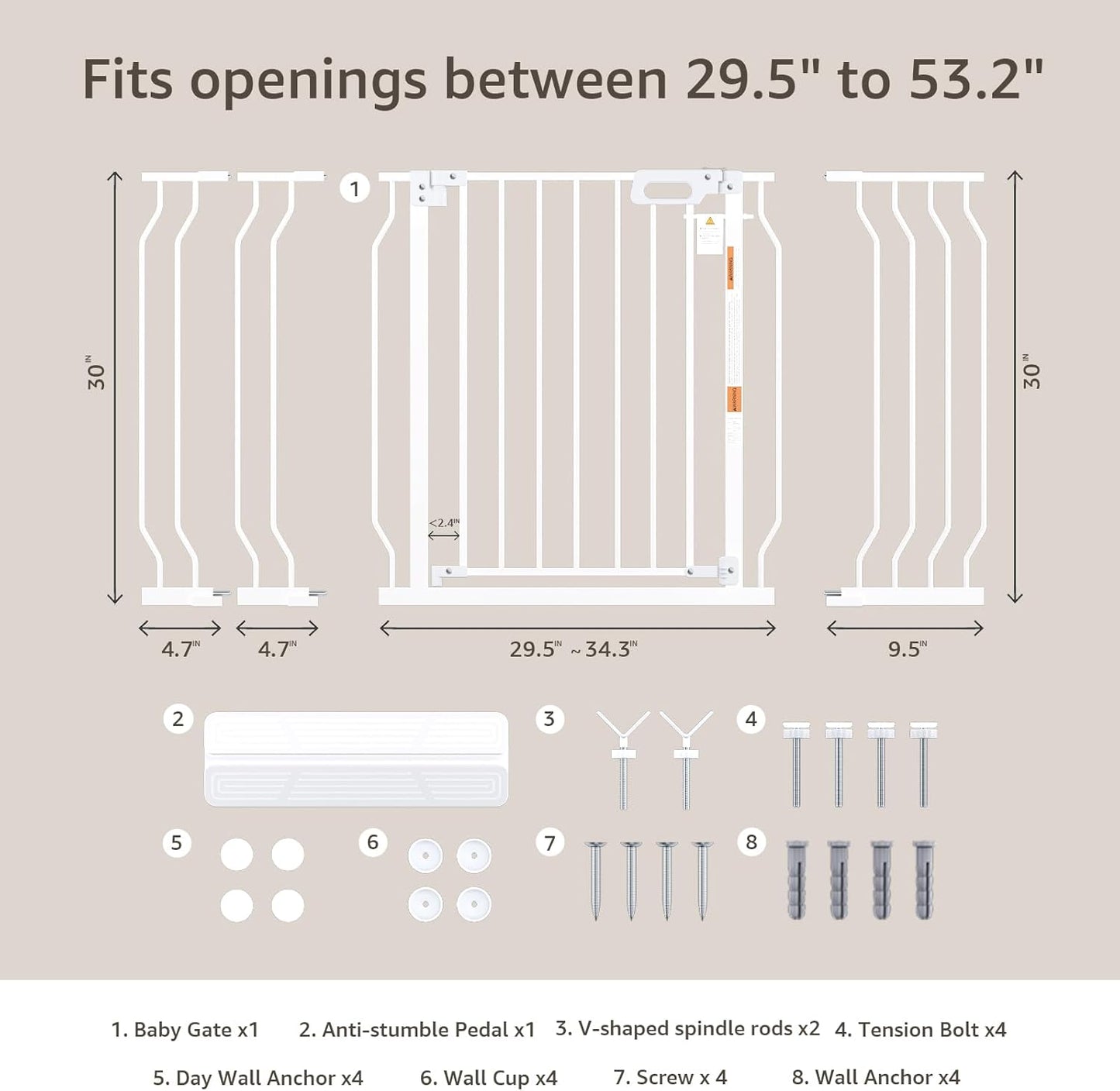 Mom's Choice GROWNSY Baby Gate, 29.5"-53" Auto-Close Dog Gate for Stairs & Doorways, Pressure-Mounted Easy Install Baby Gate - No Drill, Anti-Trip, Walk Through, Safe & Durable
