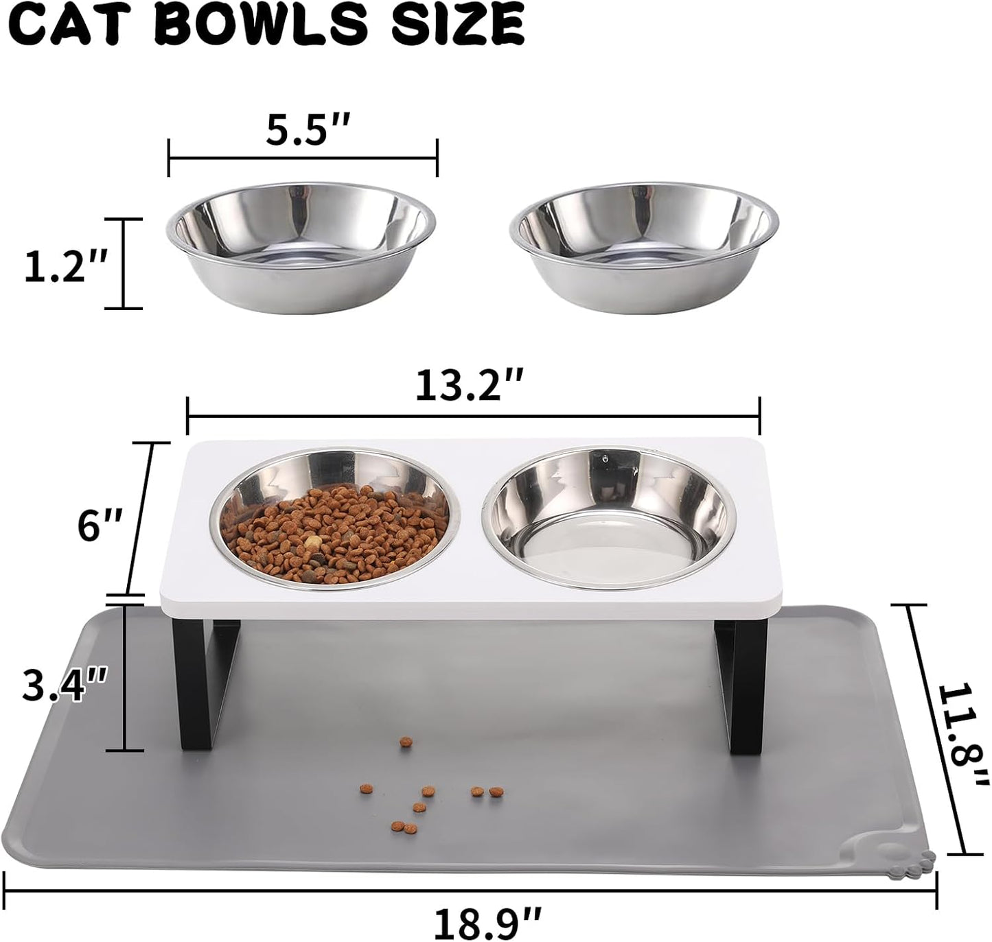 Upgraded Elevated Cat Bowls with Food Mat,15°Tilted Stand Anti Vomiting Raised Cat Dishes for Food and Water,2 Stainless Steel Bowls for Cats and Puppy(White)