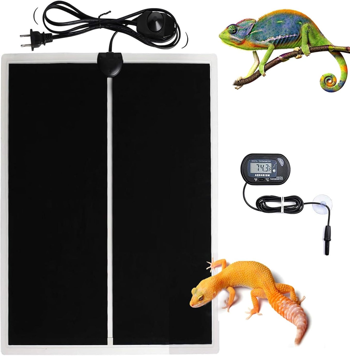 MQ Reptile Terrarium Heat Pad with LCD Digital Aquarium Thermometer, 11 x 16.5in Power Adjustment Under Tank Heater Mat for Pets, Small Animals, Seedling, 20W
