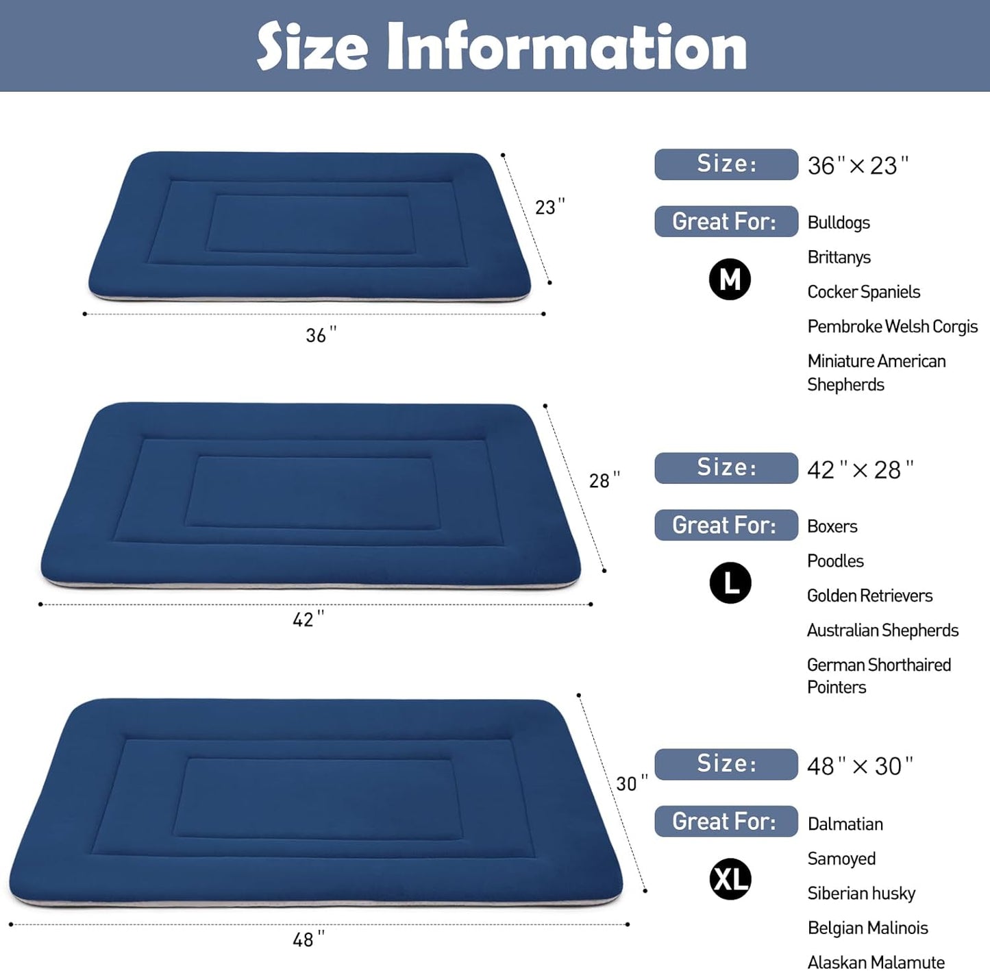 JoicyCo Soft Dog Crate Pad Mat, 48 in Non-Slip Bottom Washable Bed for Extra Large Dogs, Pet Mattress Kennel Pad, Dark Blue
