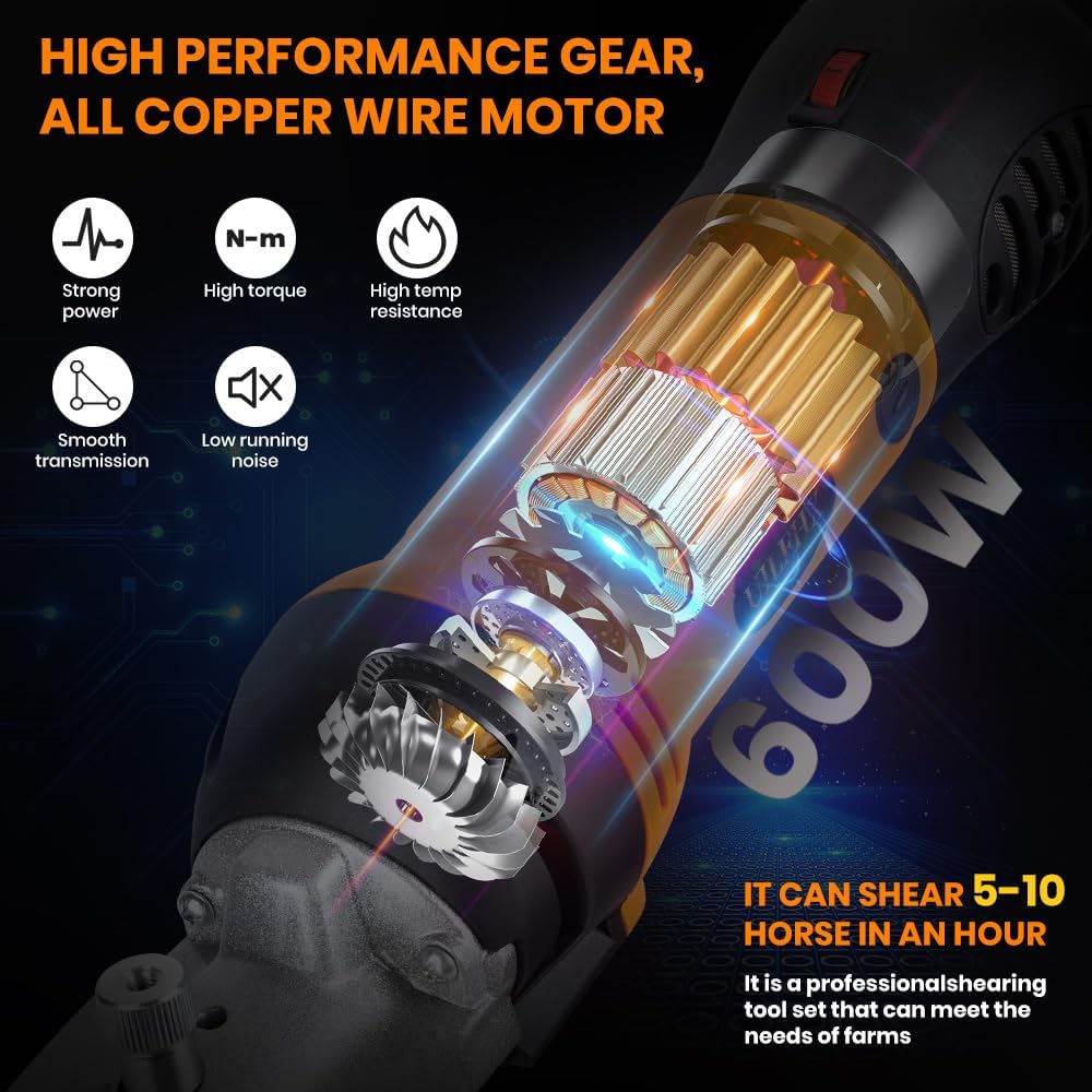 Horse Clippers Professional Electric horse Grooming Kit, Shaving Equine Clippers for Horses Goat Cattle Thick Coat Animals, 6 Speeds Large Heavy Duty Farm Livestock Haircut Trimmer (600W, 2 Blades)