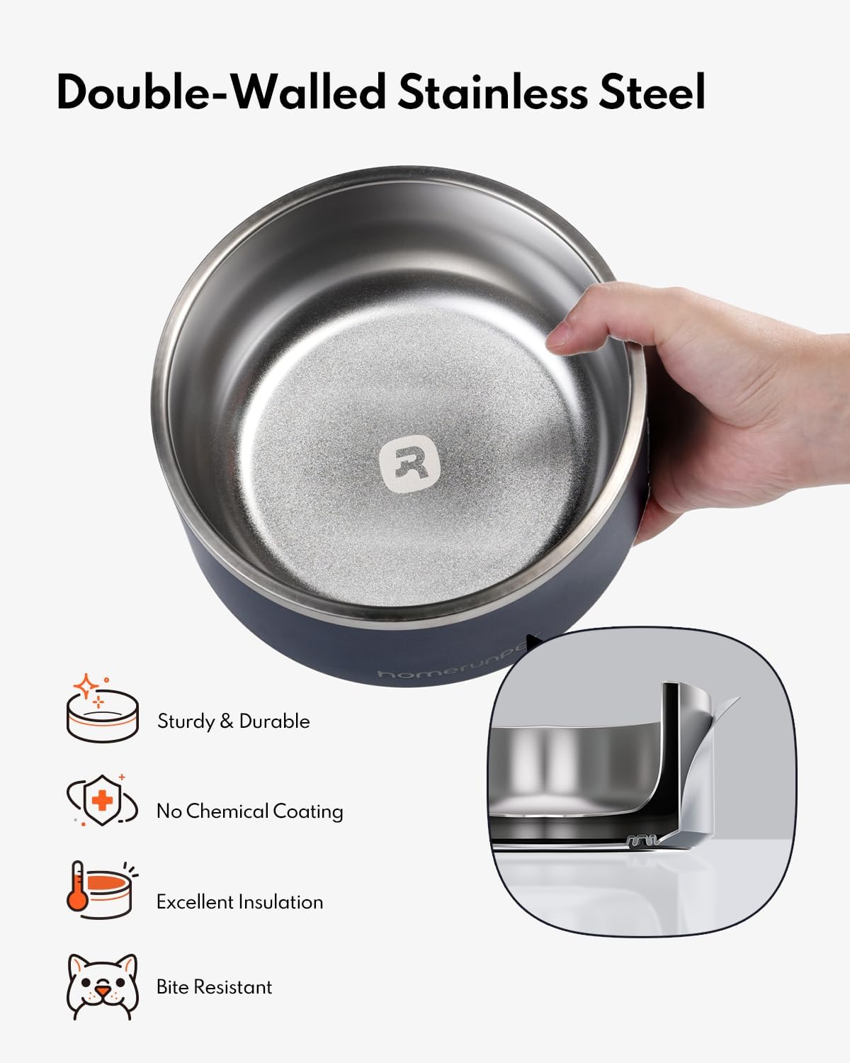 HomeRunPet Dog Bowls, Durable Dishwasher Safe Double Wall Metal Insulated Stainless Steel Food Water Bowls with Non-Slip Rubber Base, Ideal for Small Medium and Large Dogs (32oz, Navy)