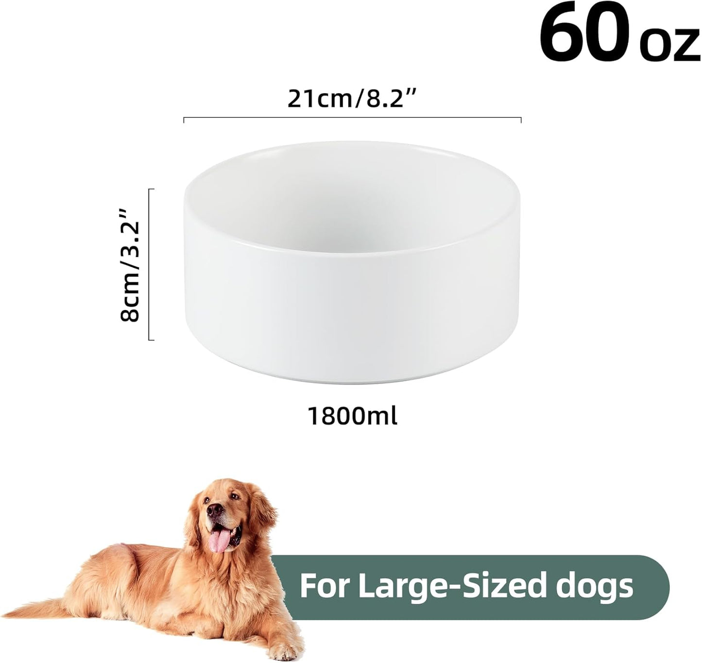 Non-Slip 8.2inch Ceramic Dog Food and Water Bowl for Large Breed Dogs, Pet Bowl for Replacement (Single Bowl, White)