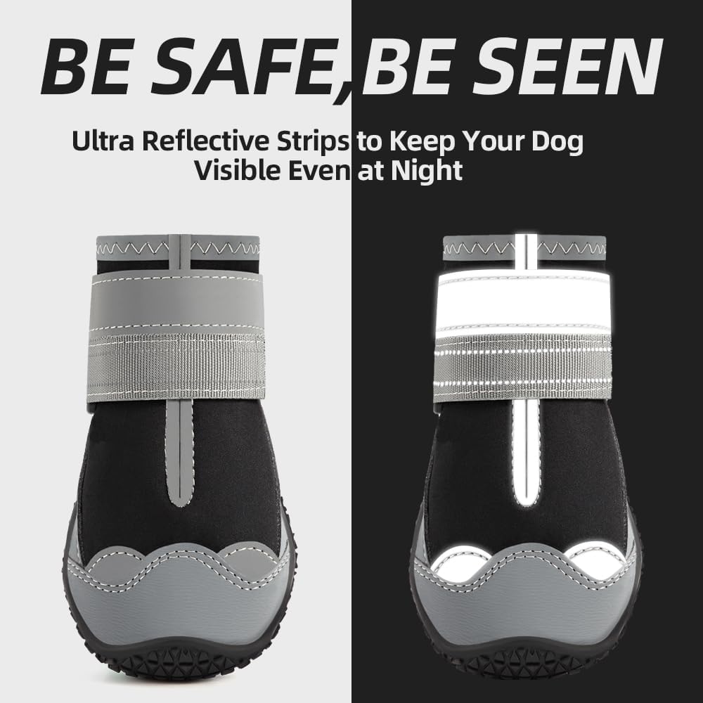 Dog Shoes for Large Dogs, Medium Dog Boots & Paw Protectors for Hardwood Floors, Outdoor Dog Booties for Hot Pavement Winter Snow Hiking, Waterproof Dog Shoes with Reflective Strips Size 4