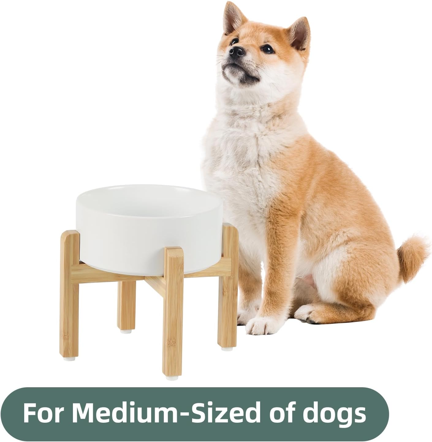 Ceramic Raised Dog Bowl Set, Elevated with Stand, Food and Water Bowl for Medium Breed Dogs, Weighted Dog Dishes, Pet Bowl(7.3'',41OZ, White)